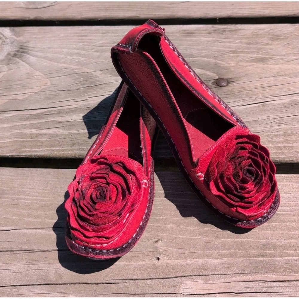 L'artiste Spring Step Dezi Red Slip On Leather Shoes Flower EUR 37 Sz 6.5-7